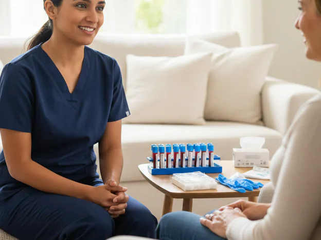 Mobile phlebotomist speaking with a patient during a home blood test