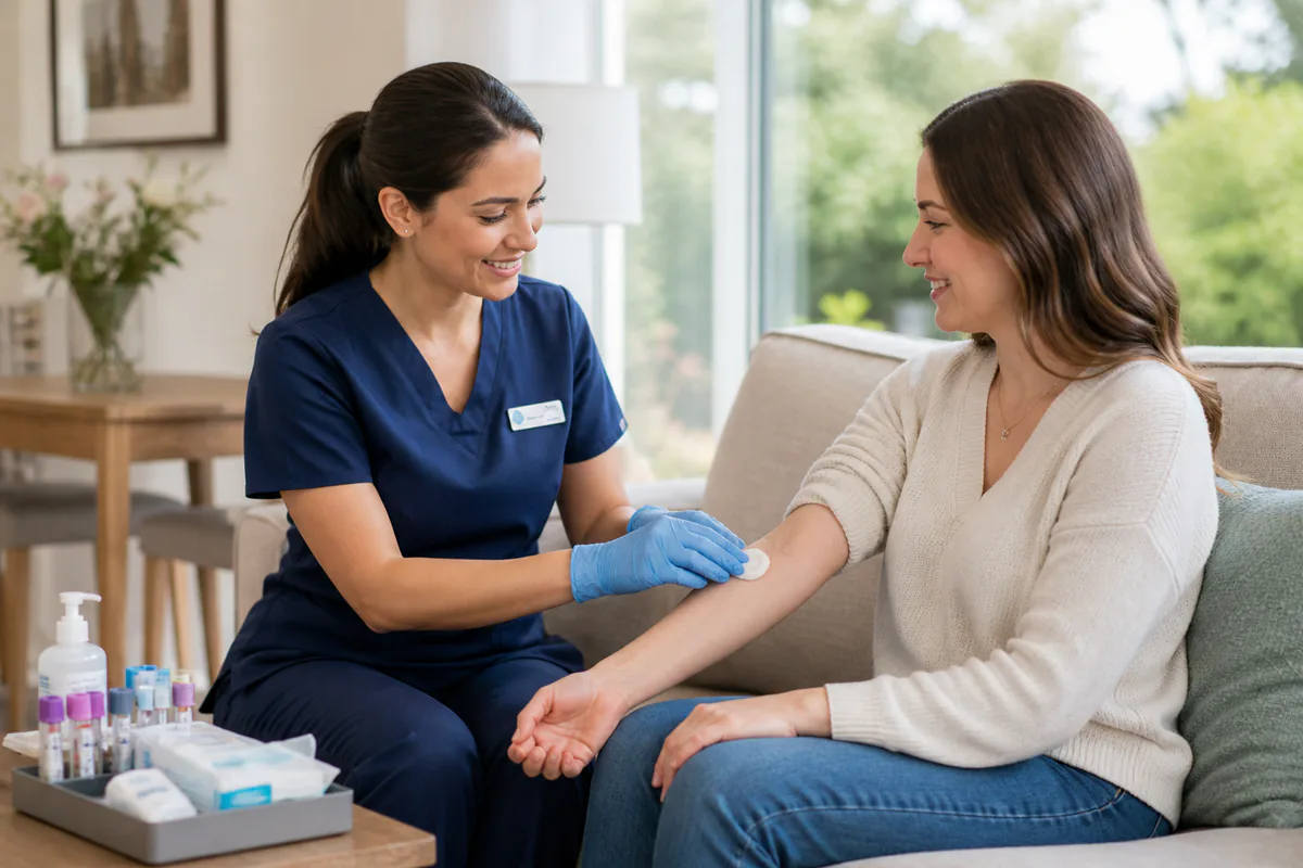 Mobile phlebotomist discussing a home blood test with a patient